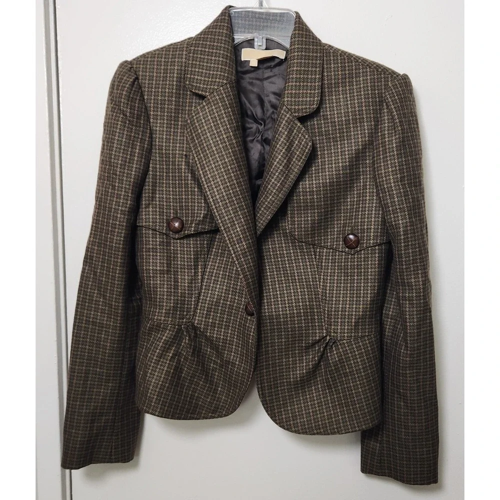 Michael Kors Made in Italy Green Houndstooth Virgin Wool Blazer Jacket Size 10